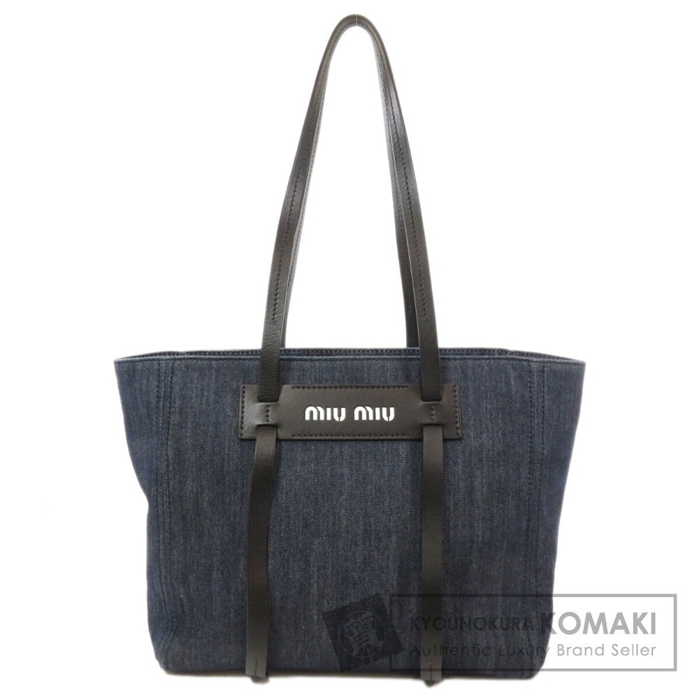 Miu Miu Logo Motif Tote Bag Denim Leather